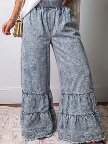 Women's Vintage Bohemian Style Wide Leg Denim Jeans, Layered Ruffle Hem And Elastic Waistband, Casual Long Flare Pants - Blue - View 5