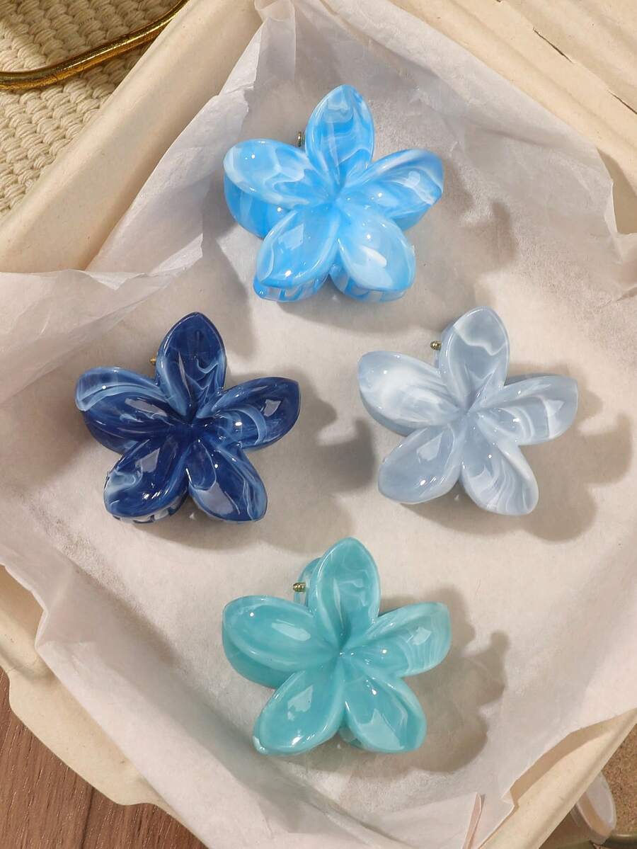 4件組酷冰島海洋藍漸層扶桑花小髮夾,碎髮整理髮夾,波希米亞風海灘度假氛圍女孩髮飾 - 海藍色系 - 查看 1
