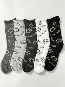 5 Pasang Kaos Kaki Kartun Lucu Gaya Korea, Kaos Kaki Wanita Nyaman, Serbaguna, Tanpa Jahitan, Panjang Setengah Betis, Kaos Kaki Motif Kucing untuk Wanita - MultiWarna - View 6