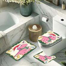 4 Piece Bathroom Set Cute Pink Dinosaur With Santa Hat Scarf Print Shower Curtain Set Christmas Holly Berry Frame Dinosaur Pattern Bathroom Decor With Hooks For Home Shower Room Background Decoration - Dinosaur Photo Frame - View 7