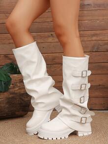 Women's Loose Ruched Stacked Boots With Multiple Buckle Design, Thick Sole Height-Increasing Riding Boots, White Retro Tall Boots - White - View 2