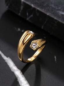 Hipoem 1pc Cast Old Money Style Stainless Steel Star Zirconia Open Adjustable Ring, Men's Daily Dating Outfit Accessory - Gold - View 5