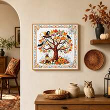 Autumn Halloween Magic Tree Cross Stitch Full Material Kit 11CT Witch Hat Pumpkin Ghost Maple Leaf Printed Pattern Beginner Friendly Stress Relief Handmade DIY Set Includes Needle Thread Instruction Manual Living Room Bedroom Entryway Desktop Home Vintage Decor Wall Hanging - Multicolor - View 6