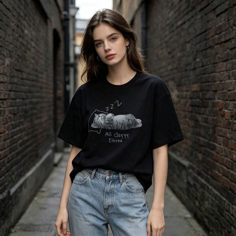 Milk Silk Short Sleeves T New Summer American-Style Personalized Brand Cat Print Sleep Shirt For Men And Women - 黑色 - 查看 1