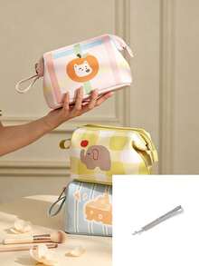 1pc Rectangular Makeup Bag, Striped Plaid & Animal Print Details, Zipper Handle Large Capacity Design, Practical Makeup Brush Storage Bag, Suitable For Back To School Essentials, Daily & Vacation Travel Essentials - Multicolor - View 12