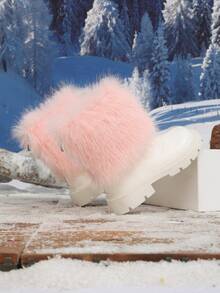 Girls' Pink Fluffy Fur Trim Round Toe Back Zipper Design Warm Comfortable Ankle Boots, Suitable For Daily Wear - Pink - View 6