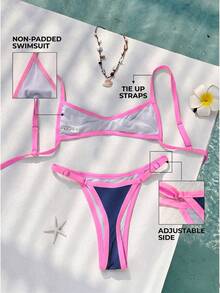 Women's Bikini Swimwear, Brown Yellow Crop Top & Swim Bottom Fashion Set/Outdoor/Fitness/Y2K Vacation Outfit/Summer Beach Wear - Pink and Blue 1 - View 3