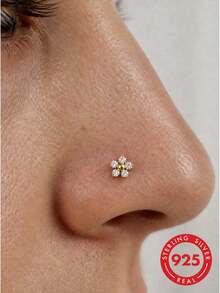lunastudio 1pc 925 Sterling Silver Flower Rhinestone Nose Stud For Women Daily Wear - Gold - View 1