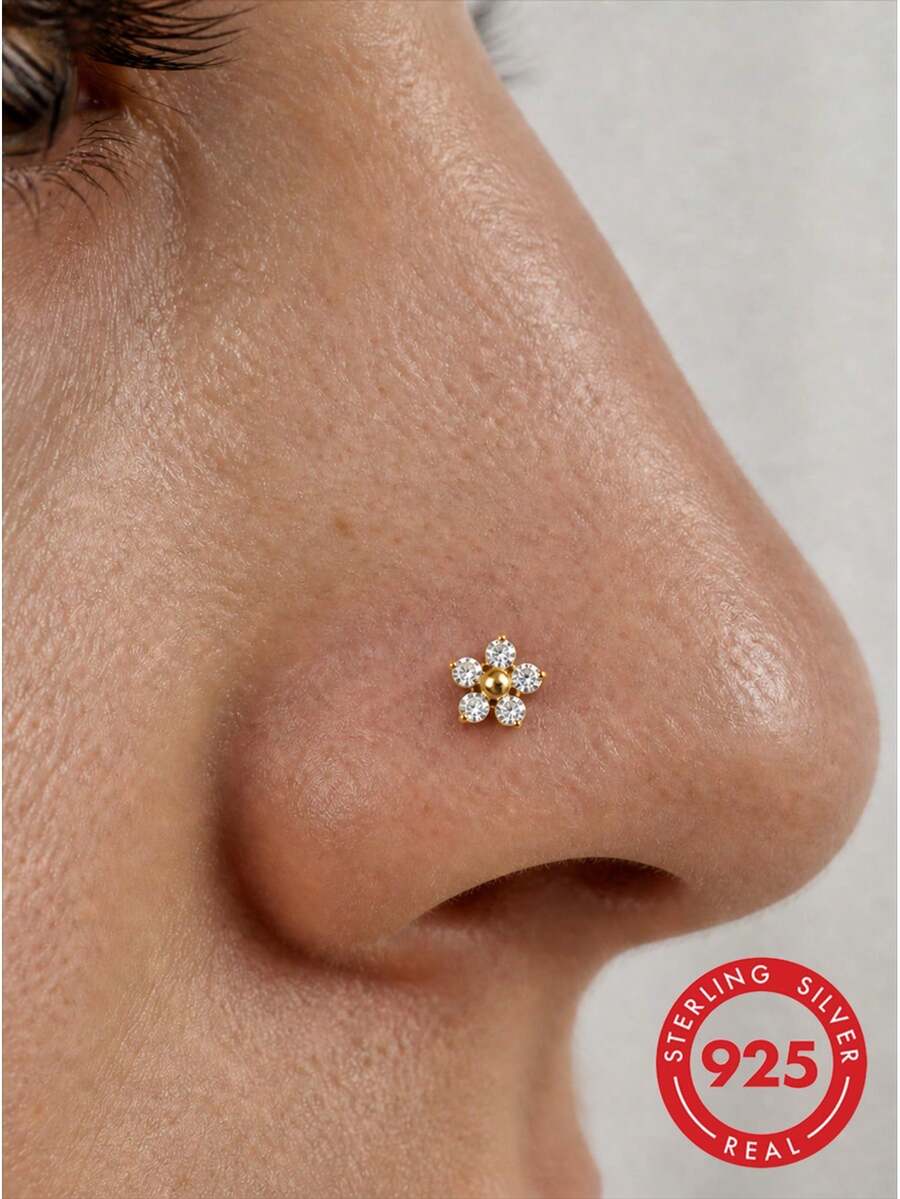 lunastudio 1pc 925 Sterling Silver Flower Rhinestone Nose Stud For Women Daily Wear - Gold - View 1