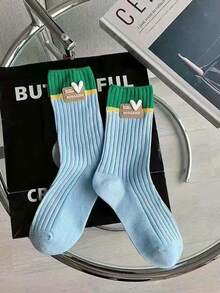 1/4 par de calcetines de media caña para mujer con bloques de color, calcetines de punto con rayas de contraste de dopamina y decoración de etiqueta con corazón, calcetines deportivos casuales suaves, adecuados para combinar con zapatillas, estilo callejero y accesorio de moda de dopamina diario - Multicolor - Ver 13