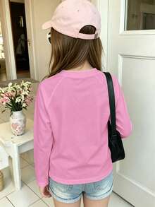 Girls' Cotton Raglan Long-Sleeve T-Shirt, Long Sleeves For Autumn & Winter, Multicolor Cartoon Cat Print Crew Neck Tee, Cute Sweet Girly Preppy Style - Light Wine Red - View 4