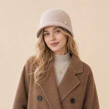 Women's Solid Color Short Brim Wool Felt Windproof Versatile Bucket Hat, Autumn/Winter Bucket Hat For Travel And Shopping - Pearl - View 13