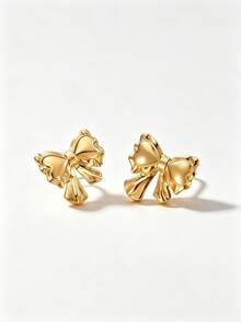 3-Piece Textured Gold Stud Earrings Set, Hypoallergenic 304 Stainless Steel, Includes Bow, Water Drop, Curved Earrings, Suitable For Casual, Office, Evening Wear - Gold - View 8