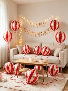 6pcs Carnival Circus Decorative Balloons, 4D Red Round Foil Balloons With Stars And Stripes, With Ribbons, Suitable For Christmas Party Decoration, Birthday Party, Wedding, New Year, Event Atmosphere Decor, Photo Props - 22-inch Red Star Striped 4D Ball 6-piece Set - View 1