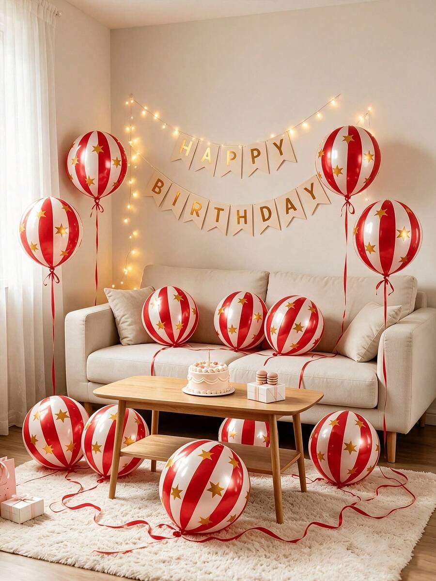 6pcs Carnival Circus Decorative Balloons, 4D Red Round Foil Balloons With Stars And Stripes, With Ribbons, Suitable For Christmas Party Decoration, Birthday Party, Wedding, New Year, Event Atmosphere Decor, Photo Props - 22-inch Red Star Striped 4D Ball 6-piece Set - View 1