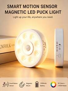 3/1pc Magnetic RGB Sensor LED Puck Light, USB Rechargeable Under Cabinet Night Light, 1200mAh Wireless Adhesive Light, Suitable For Wardrobe, Cabinet, Bedroom Decoration - Rechargeable Motion Sensor Cabinet Light - View 3