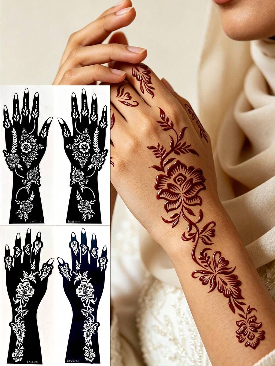 4pcs Exotic Floral Totem Print Temporary Tattoo Stickers, Covers Palm + Forearm, Neat Lines, Vintage Floral Style, Reusable Multiple Times, For Party And Styling