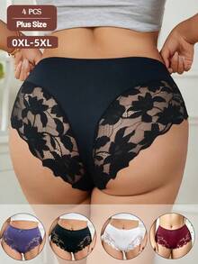 Rosiemei 4 buah Celana Dalam Renda Ukuran Besar Warna Polos untuk Wanita, Celana Dalam Segitiga Elastis Bernapas dengan Motif Renda Bunga di Bagian Belakang dan Pinggang Tengah - MultiWarna - View 5