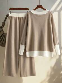 Women 2 Pieces Matching Set Solid Ribbed V‑Neck Long Sleeve Knit Sweater & Pants ElegantCasual CommuterOutfitFallWinterOffice DatingLoungewearforLadies - Khaki - View 3