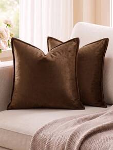 2pcs Nordic Style Solid Color Fleece Fringed Pillow Covers (Inner Pillow Not Included), Square Decorative Cushion Covers, Soft & Comfortable Linen-Like Fabric, Modern Home/Bedroom/Dorm Decor - Brown - View 2