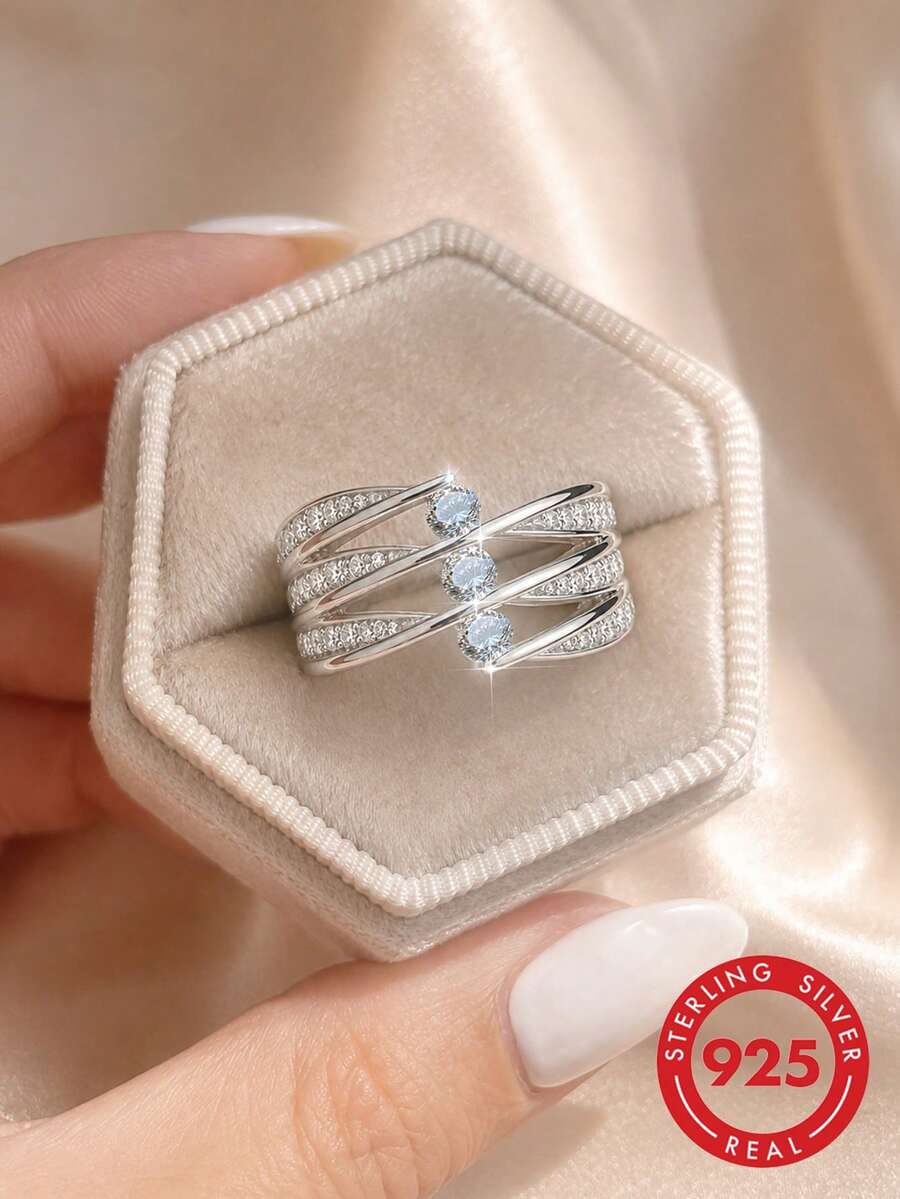 S925 Sterling Silver Luxurious Crossover Cubic Zirconia Ring Sparkling Interlocking Wave Band Luxurious Party & Wedding Jewelry Gift For Her