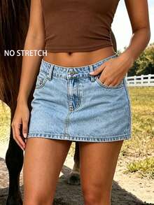 Whisplicity Women's Low Waist Solid Color Casual Minimalist Denim Mini Skirt, Summer - Light Wash - View 2