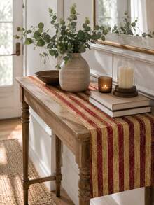1PC Vintage Red Stripe Linen Table Runner, Beige Burgundy Rustic Farmhouse Table Runner, Classic Woven Look Dining Table Centerpiece Decor For Kitchen, Dining Room, Thanksgiving, Christmas, Holiday Party And Everyday Home Decoration - Distressed Stripes - View 3