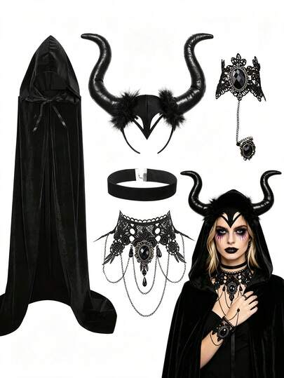 5 pièces/1 set Collier en dentelle + Bandeau à cornes + Bracelet + Collier ras-du-cou + Cape Accessoires de costume d'Halloween Ensemble de tenue de fête Fille de magie noire Collier en dentelle Bandeau de sorcière démon à grandes cornes Collier en dentelle avec pierre précieuse Bracelet Décoration Accessoires de cosplay