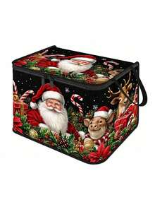 Santa Claus Storage Box With Lid, Large Capacity Foldable Fabric Organizer Bin, Zipper And Handle, Black Holiday Print Storage Box, Suitable For Christmas Decoration, Blankets, Clothes, Closet And Bedroom - Multicolor - View 12