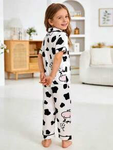 Faux Silk Fabric Cool Silky Cute Cow Print Short Sleeve Long Pants Set - White - View 2