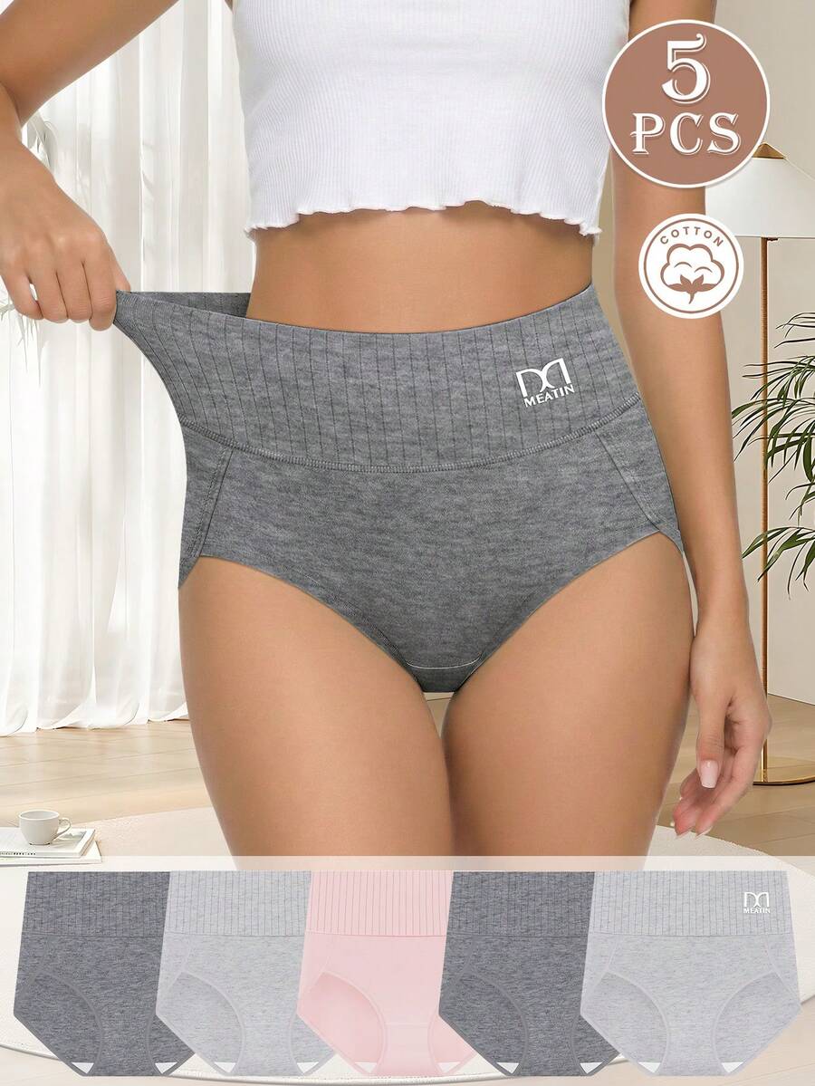MEIYATING 5件組女款高腰收腹舒適條紋三角內褲，英文印花純棉內褲