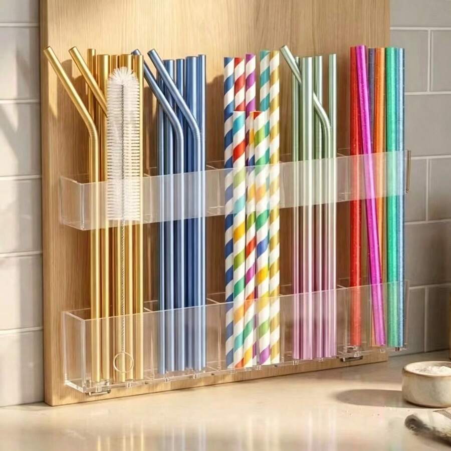 Cabinet Door Straw Organizer - 9.5 Inch Large Acrylic Straw Storage Box With Strong Adhesive Backing, Cup Straw Storage Container, Cabinet Drinking Straw Dispenser, Suitable For Kitchen Countertop - Multicolor - View 1