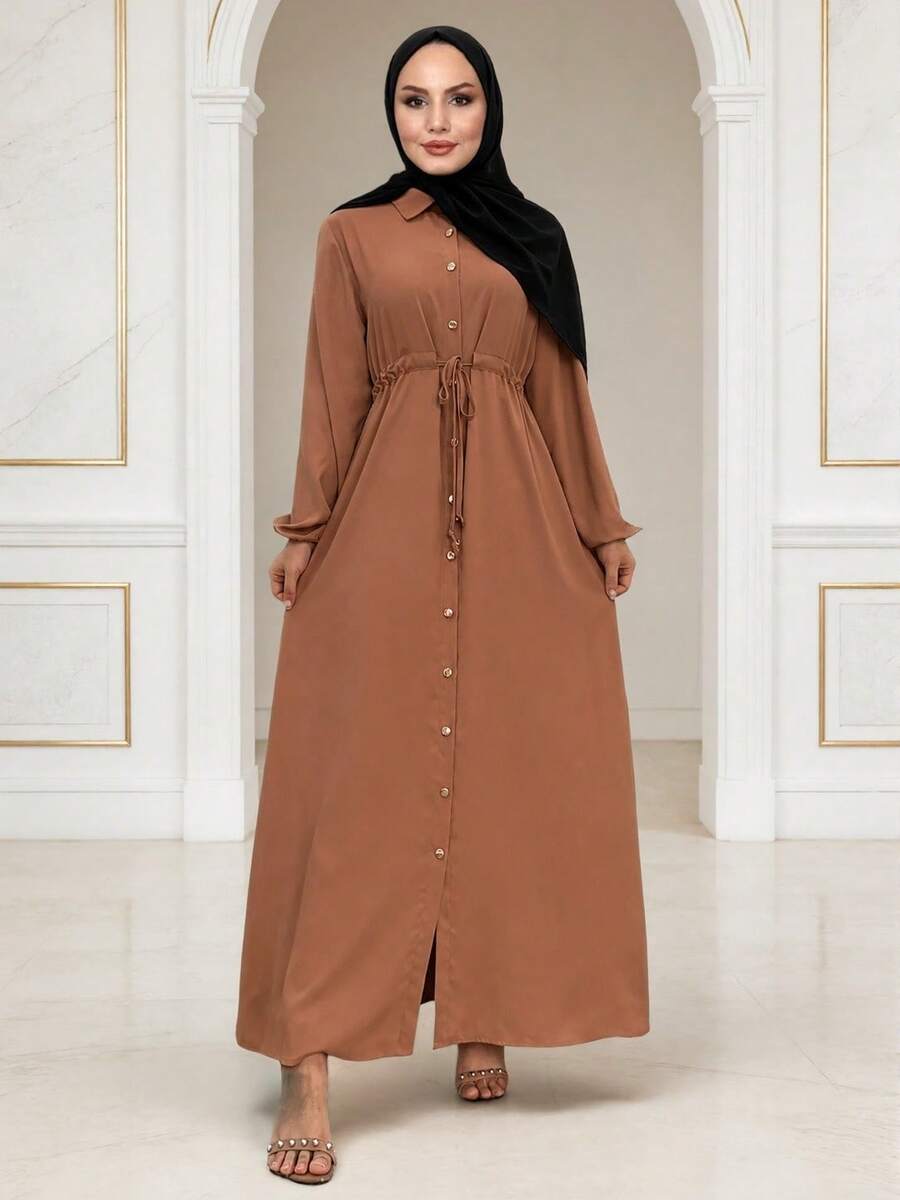 Woven Fabric Long Sleeve Dress With Collar And Drawstring Details Spring Brown Fall