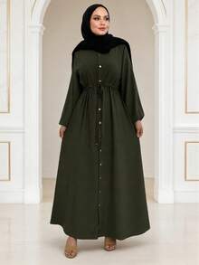 Women's Arabic Long Sleeve Dress, Collar And Bishop Sleeves, Full Button Front Woven Fabric Dress, With Drawstring Waist Fall - Army Green - View 2