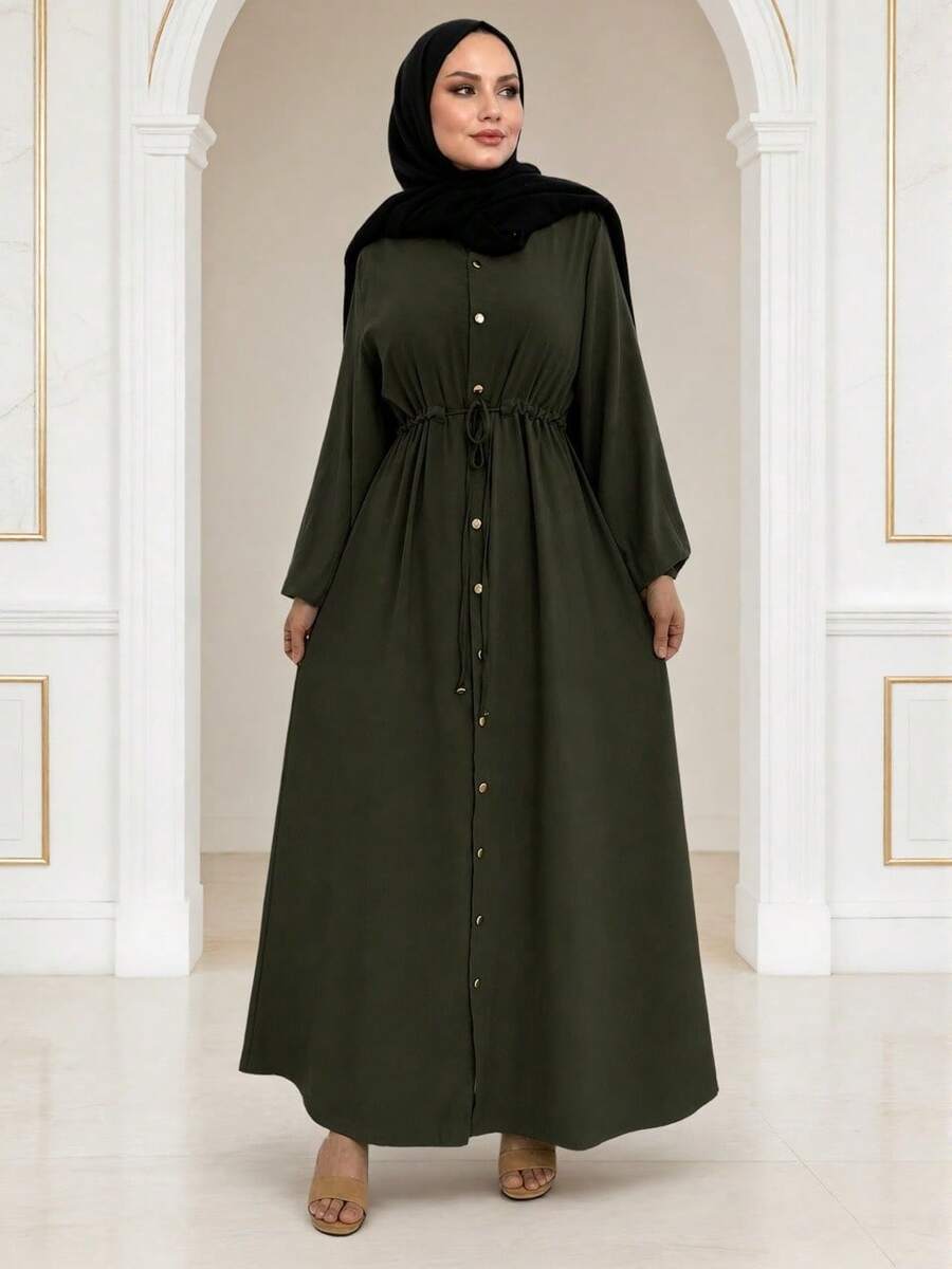 Women's Arabic Long Sleeve Dress, Collar And Bishop Sleeves, Full Button Front Woven Fabric Dress, With Drawstring Waist Fall