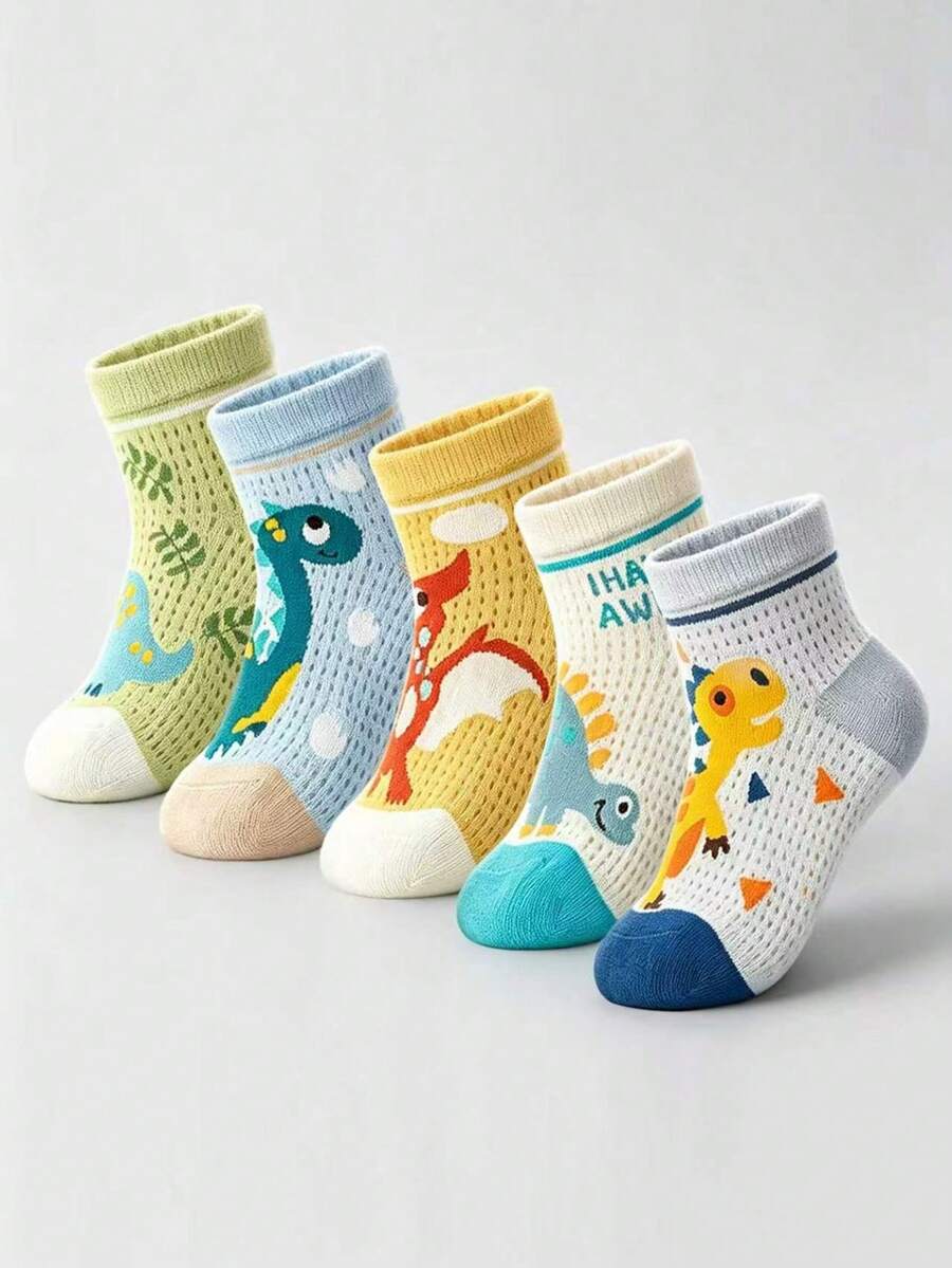 5 Pairs Kids Socks Green Cartoon Dinosaur Pattern Boys Girls Versatile Short Socks - Multicolor - View 1
