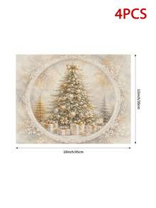 Christmas Table Runner, Throw Pillow, Placemat, Vintage Oval Frame Gold Christmas Tree Gift Box Snow Scene Print, Kitchen Dining Room Holiday Tabletop Decor - Multicolor - View 15