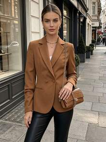 Jaket Blazer Kantor Wanita Modis, Desain Pendek, Elegan, Ringan, Cocok untuk Musim Gugur/Musim Dingin - Coklat - View 3