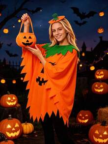 Halloween Pumpkin Costume, Adult Pumpkin Cape, Headpiece And Trick-Or-Treat Bag, Suitable For Halloween Role Play And Party "Trick Or Treat" Cute Outfit, Ideal Holiday Gift - Multicolor - View 3