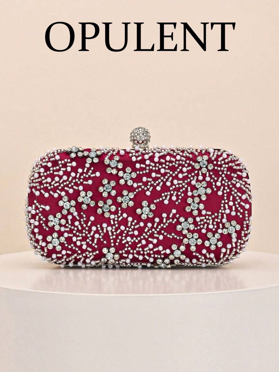 1pc Vintage Burgundy Handmade Beaded Evening Clutch Bag, Fully Decorated With Rhinestones And Pearls Embroidery, Spherical Rhinestone Kiss Lock, Luxurious And Eye-Catching, Wedding Banquet Party, Women's Formal Hard Shell Clutch Bag - Burgundy - View 1