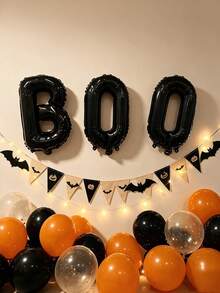3pcs/Set 16-Inch Halloween "BOO" Letter Foil Balloons, Matte Black Foil Letter Balloon Garland, Spooky Halloween Wall Decor, Gothic Haunted House Adult Party Decorations, Home, Bar Halloween Photo Backdrop Props - Halloween BOO - View 2