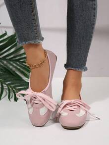 Colorblock Lace-Up Ballet Shoes, Soft Sole Lightweight Retro Training Style Low Vamp Daily Commute Women's Shoes - Pink - View 5