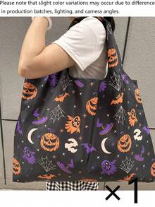 2pcs/1pc Halloween Pumpkin Lantern Tote Bag - Lightweight Foldable Tote Bag With Handle And Shoulder Strap. This Large Capacity Shoulder Bag Perfectly Combines Fashion Aesthetics, Lightweight Portability And Excellent Practicality. - Multicolor - View 12