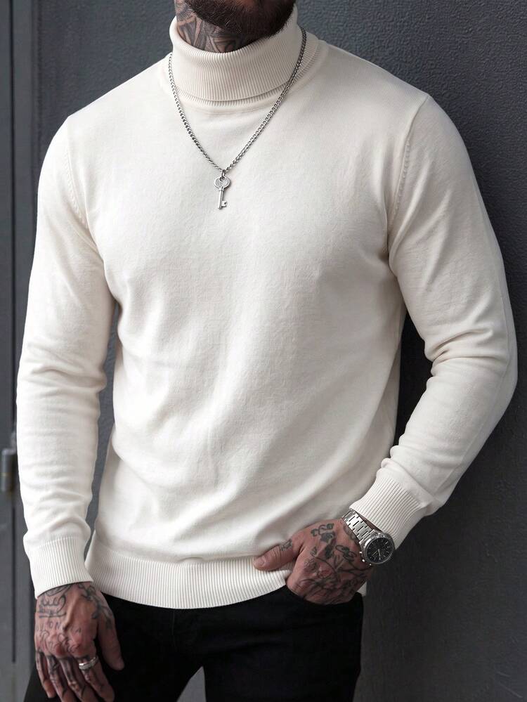 Men's Casual Solid Color Turtleneck Sweater, Autumn/Winter - White - View 1