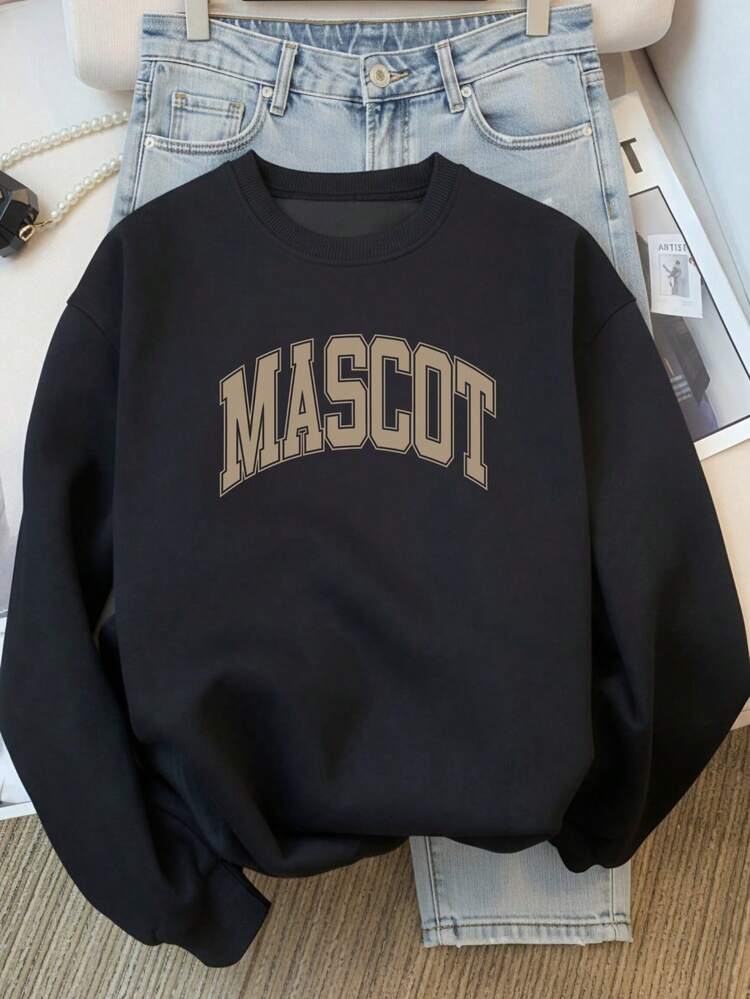 Minimalist American Style MASCOT Curved Large Letter Print Crew Neck Sweatshirt Women All-Match Loose Casual Versatile Long Sleeve Autumn Top - Black - View 4
