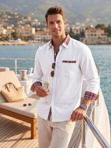 Men's Old Money Style Colorblock Trim Long Sleeve Shirt, Quiet Luxury Linen Blend Button-Up Top - White - View 2