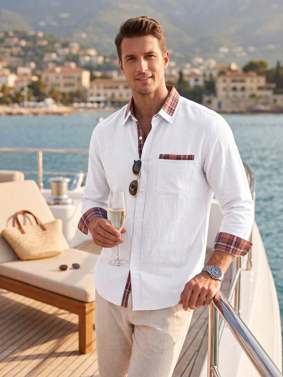 Men's Old Money Style Colorblock Trim Long Sleeve Shirt, Quiet Luxury Linen Blend Button-Up Top - White - View 1