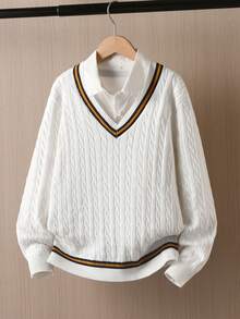 Boys V-Neck Long Sleeve Knitted Sweater With 3D Cable Knit And Color Block Stripes, Preppy Casual Versatile Pullover For School Daily Wear In Autumn/Winter - White - View 2
