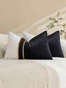 1/2pcs Black & White Velvet Patchwork Gold Leather Striped Throw Pillow Cover, Square Cushion Case, Holiday Home Decor Pillow, Soft & Comfortable Fabric, Modern Decorative Sofa, Home Bedroom, Dorm Use - Black - View 2