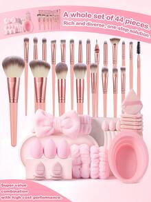 44Pcs/6pcs Pink Makeup Brush Set Makeup Brushes Cosmetic Sponges Triangle Powder Puffs Finger Puffs Brush Cleaner Bowl Wrist Headband Complete Makeup Tool Kit For Beginners - Pink - View 11